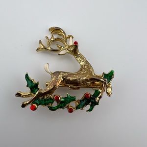 Used Reindeer Rhinestone Holly Brooch Christmas Pin Gold Tone. Red Nose. Brooch